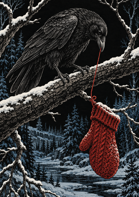 Black raven on a snowy branch holding a red thread connected to a knitted mitten on a lower twig, with a dark winter forest and stream behind.