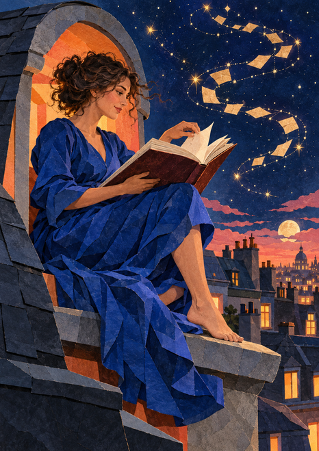 Woman in a blue dress reading an open book on a rooftop ledge beneath a curling gold sky motif and moonlit city rooftops.