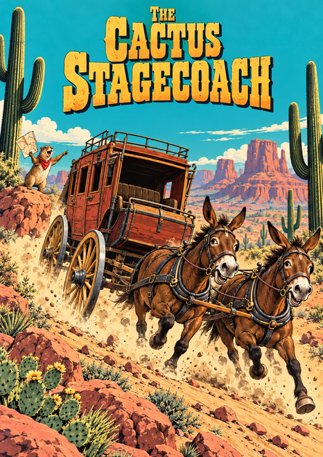 A tilted wooden stagecoach pulled by two mules races across a desert while a prairie dog holds up a map; the title reads “THE CACTUS STAGECOACH.”