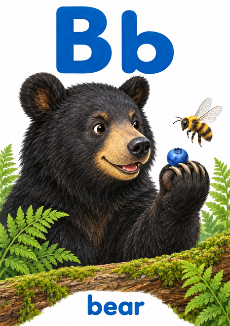 Educational poster showing a black bear balancing a blue berry on its paw, a bee nearby, large B and b letters above, and “bear” below.