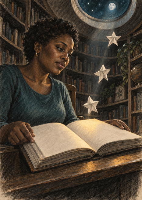 An adult Black woman reads a blank open book at a wooden desk as three folded paper stars rise toward a round moonlit opening in a library.