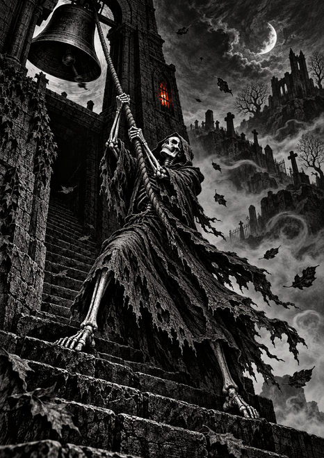 Hooded skeletal bellringer pulling a rope beneath a large bell in a ruined tower, with stone steps, fog, leaves, moon, and a small red window.