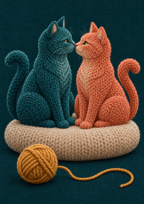 Teal and coral knitted-looking cats sit nose-to-nose on an oatmeal cushion beside a mustard yarn ball on a dark teal background.