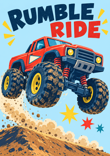 Red toy off-road pickup with oversized tires leaping over a dirt mound beneath the words RUMBLE RIDE on a pale blue background.