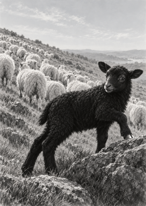 A black lamb looks back while stepping beside a rocky ridge, with pale sheep receding across a grayscale hillside.