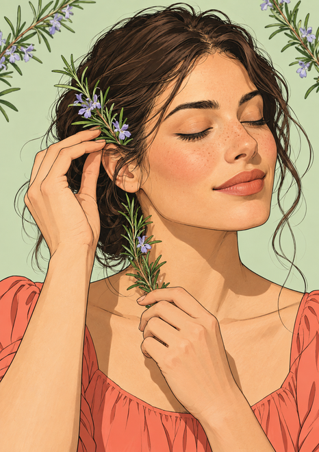 Close portrait of a woman with closed eyes holding flowering green sprigs near her ear and chest, against a pale celadon background.