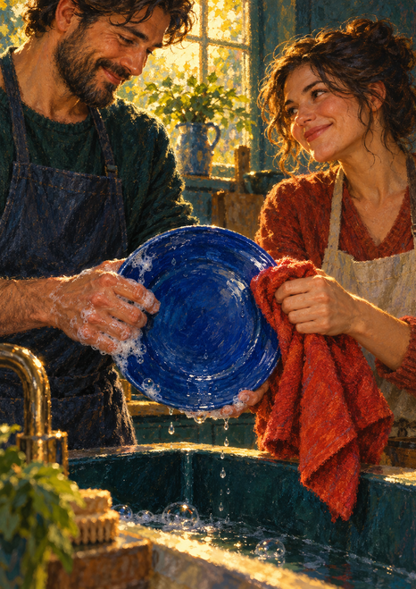 Two adults wash and dry a cobalt-blue plate at a dark teal sink, with a rust-red towel, soap bubbles, and warm window light.