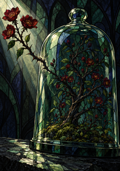 Thorny garden rooted in moss inside a reflective glass bell jar, with a branch bearing three red flowers outside.