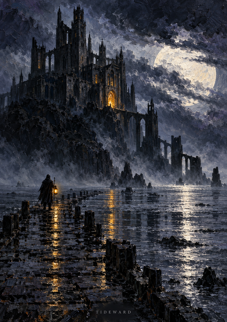 A cloaked traveler with a lantern stands by flooded stone arches beneath a looming Gothic abbey and pale moon.