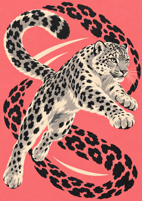 A pale, black-rosetted snow leopard leaps diagonally across a coral-pink background with decorative looping marks.
