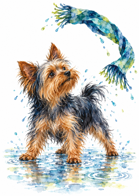 Small Yorkshire terrier looking up at a blue-green patterned scarf arcing overhead, surrounded by droplets and puddle rings.
