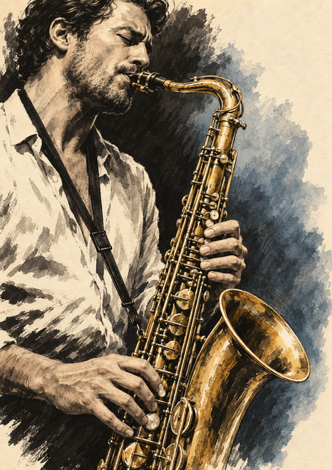 Bearded saxophonist with eyes closed playing a brass saxophone, shown in an expressive ink-and-wash portrait with blue-grey background.