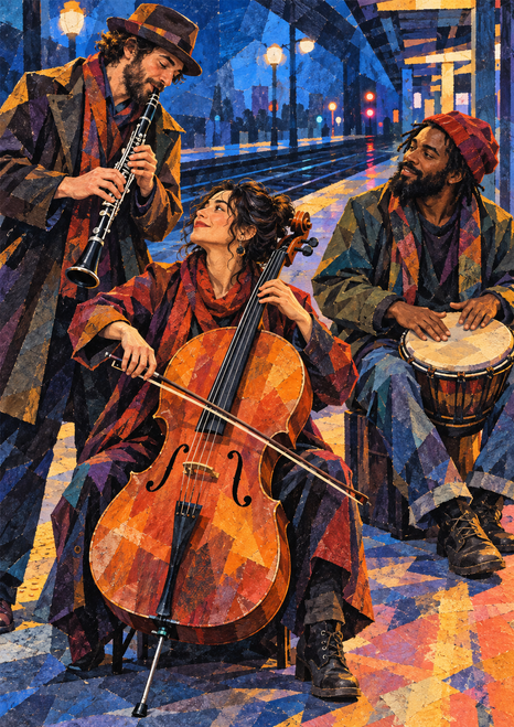 Cellist, standing clarinetist and seated percussionist perform together on a station platform with rails and lights behind them.