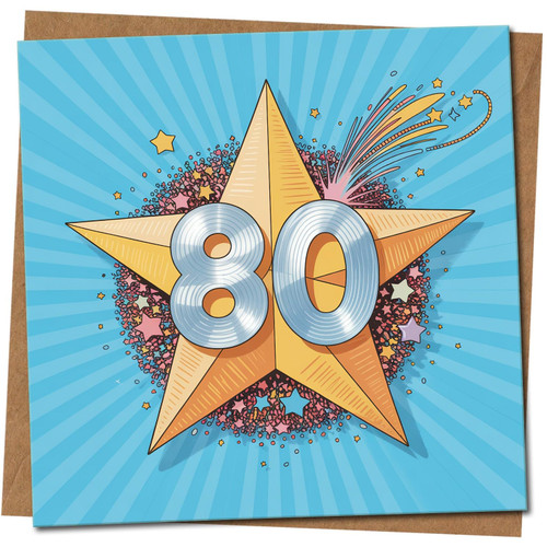 80th Birthday Card - Star and Fireworks Design - 145mm x 145mm Square - Kraft Envelope - Milestone Eightieth for Him or Her, Includes Kraft Envelope