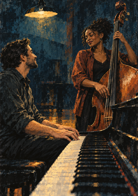 Seated pianist and standing double bassist share a glance beside a diagonal piano keyboard under a glowing lamp.