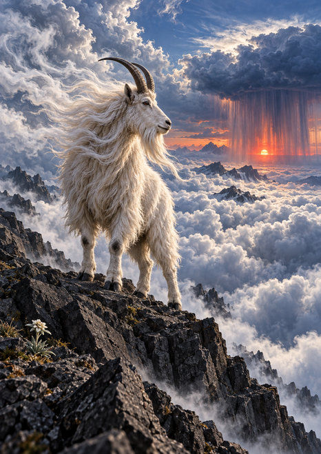 Long-haired horned mountain goat stands on a dark ridge above clouds, facing a glowing rain curtain.