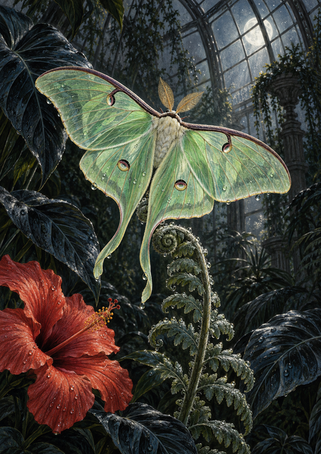 Pale green moth with open wings above a curled fern and red hibiscus in a moonlit glasshouse.