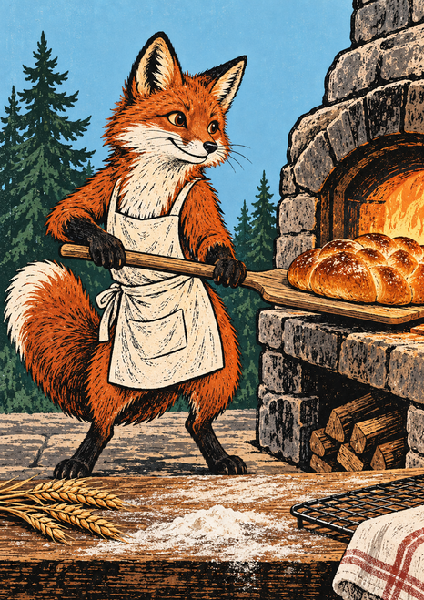 Red fox in a pale apron holding a wooden peel with a braided loaf beside a stone oven.