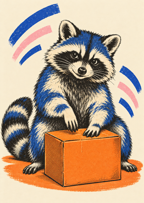 Blue-and-cream raccoon with a curled striped tail sits behind an orange cardboard box, with blue and pink arcs around it.