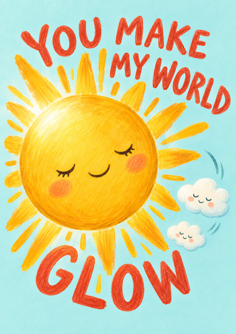 Coral-red “YOU MAKE MY WORLD GLOW” lettering curls around a smiling golden sun on pale aqua, with two sleepy clouds.