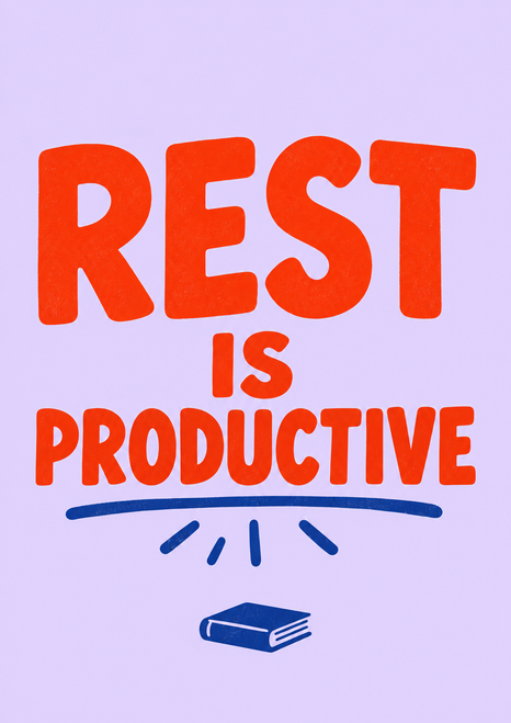Bold vermilion “REST IS PRODUCTIVE” lettering on pale lilac, with a blue sunbeam underline and closed book icon.