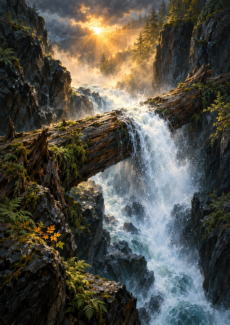 Fallen tree trunk spanning a rocky gorge above a foaming waterfall and mist, framed by dark cliffs and warm sunlight breaking through clouds.
