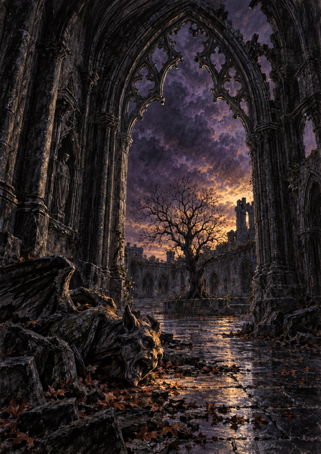 Ruined pointed stone arch framing a bare courtyard tree at violet dusk, with reflective paving and a fallen gargoyle-like figure.