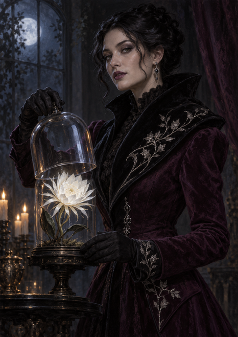 Adult woman in a plum coat lifting a glass cloche over a luminous white flower beside a moonlit window.