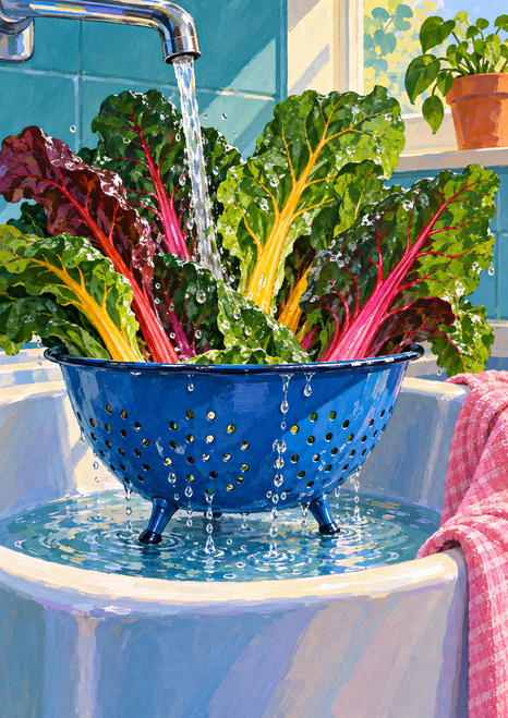 Rainbow chard overflows a blue perforated colander beneath a running faucet in a sink, with a pink checked cloth and terracotta pot.