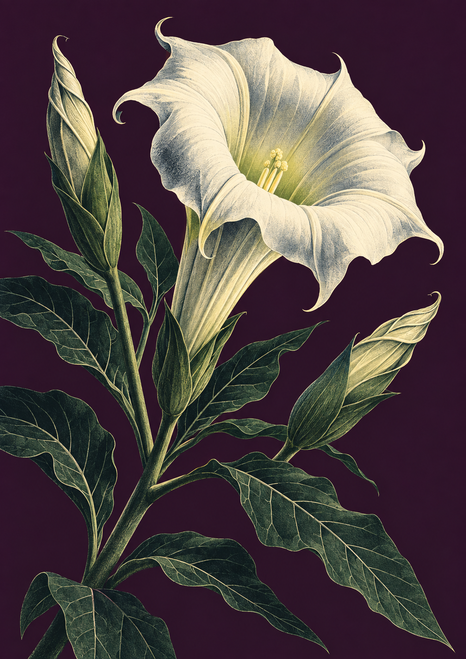 Ivory trumpet-shaped flower with two curling buds and dark veined leaves against an aubergine background.
