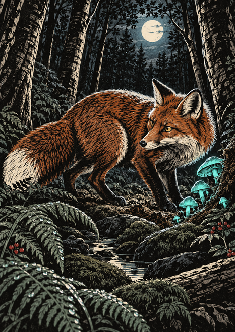 Red-orange fox looking toward glowing turquoise mushrooms among ferns in a moonlit forest, with red berries and a shallow stream.