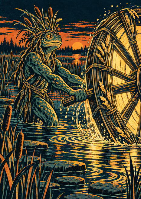 Reed-crowned amphibious marsh spirit gripping a large waterwheel amid cattails and stepping stones at sunset.