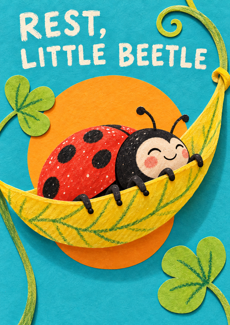 A smiling red-and-black ladybird reclines in a curved yellow leaf hammock beneath the words REST, LITTLE BEETLE, surrounded by clover and a curling vine.