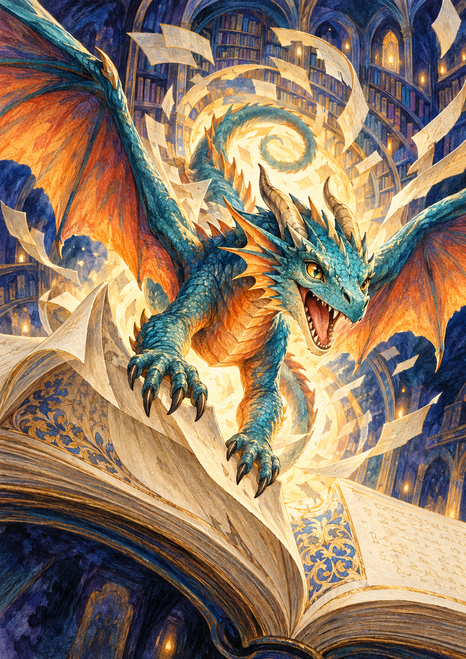 Teal dragon with outstretched wings flying forward from an ornate open book, surrounded by a gold-white portal and indigo library.