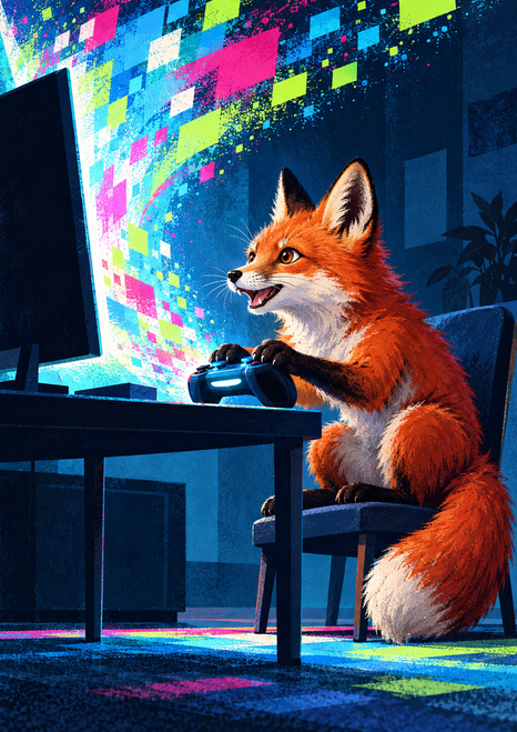 Red fox seated at a desk reaching for a game controller, with a monitor and bright pixel-like color arc in a navy room.