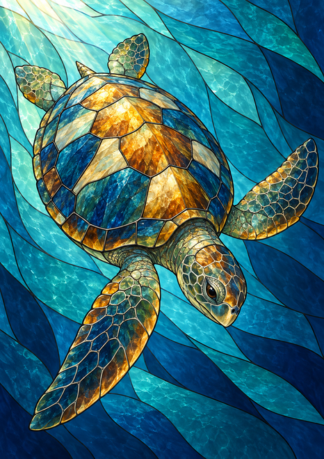 Sea turtle with a segmented amber, cream, and cobalt shell swimming through turquoise and deep-blue panels.