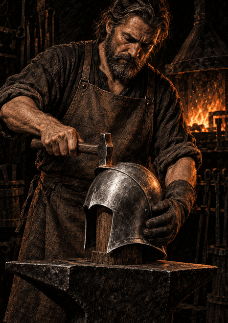 Bearded adult armorer in an apron shaping a polished helmet with a hammer beside an anvil and glowing forge.