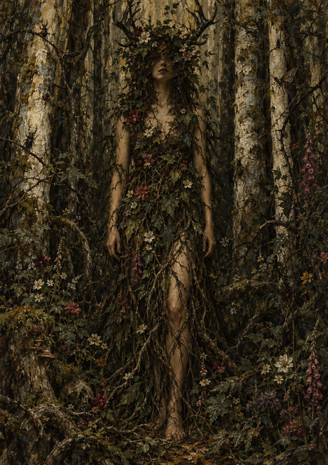 Woodland woman partly concealed by a leafy covering and wildflowers among pale tree trunks, thorny branches and deep green-brown shadows.