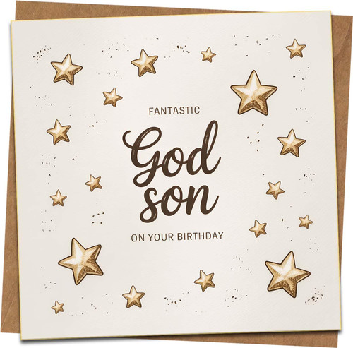 Fantastic Godson Birthday Card – “On Your Birthday” Star Design, 145mm x 145mm Square Greeting Card with Kraft Envelope