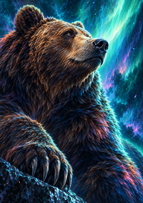 Close view of a brown bear turning upward toward a turquoise light shaft, with a large forepaw on a dark rocky ledge.
