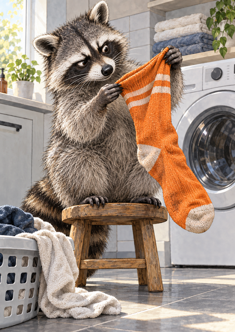 A raccoon perched on a wooden stool examines a long orange-and-white sock in a laundry room beside a washing machine and laundry basket.