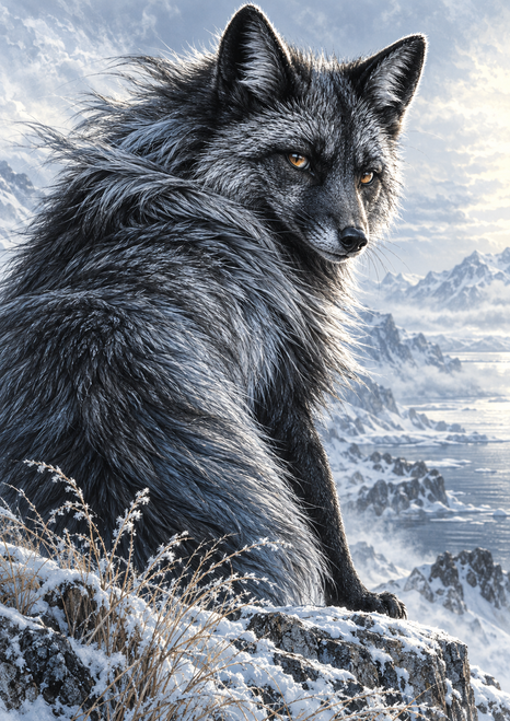 Dark silver-gray fox with amber eyes looking back over its shoulder against a snowy ledge, pale grasses, and distant icy mountains.
