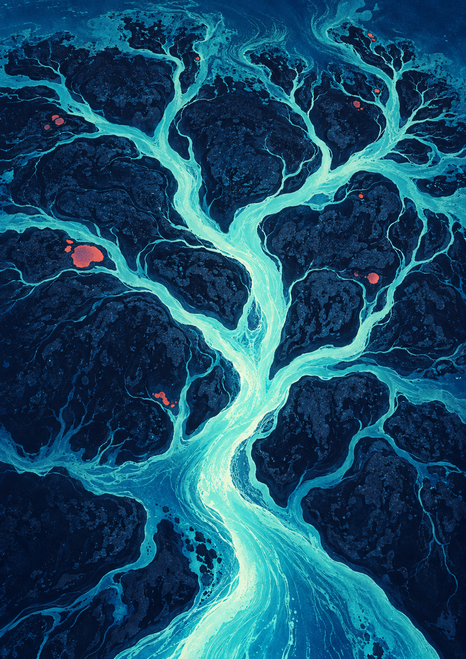Overhead view of luminous turquoise branching water through dark indigo landforms, dotted with small coral-red patches.