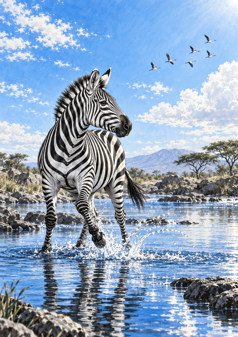 Black-and-white zebra standing in shallow blue water with a raised foreleg, birds overhead, and a rocky green-brown landscape.