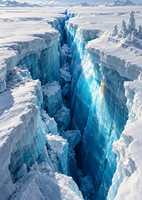 A deep blue and turquoise glacial crevasse widens through a snow-covered plateau, framed by overhanging snow shelves and distant mountains.