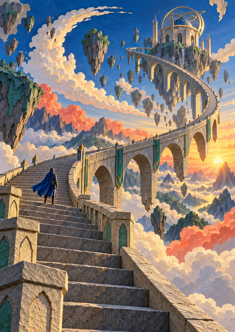 Fantasy scene of a stone stair-bridge rising among clouds and floating islands toward a domed observatory, with a small cloaked traveler.
