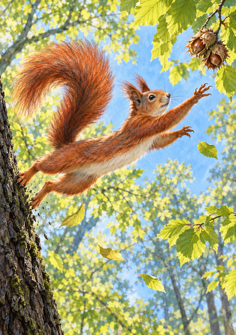 A red squirrel leaps from a dark tree trunk toward a hanging cluster of husked nuts amid bright green spring leaves and blue sky.