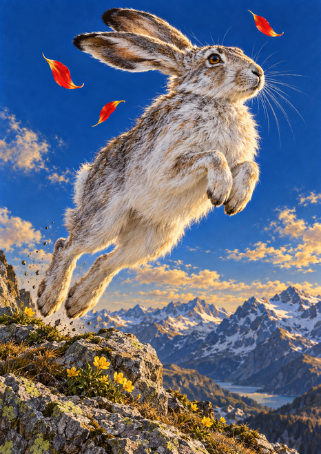 A mountain hare leaping above a rocky alpine ledge, with red-orange petals near its head, small yellow flowers, and distant blue peaks.