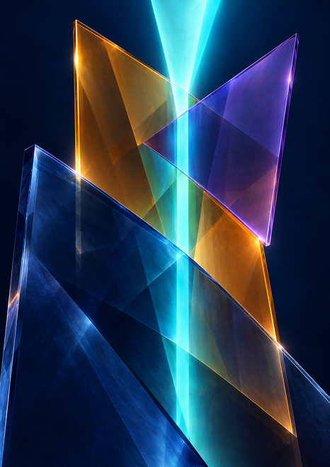 Translucent indigo, amber, and violet angular planes intersect around a bright vertical turquoise beam against a deep navy background.