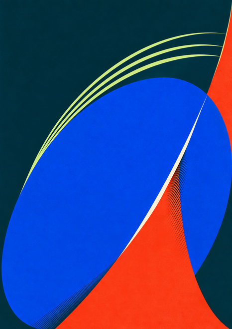 Abstract geometric composition with a large cobalt oval-like form intersected by a vermilion wedge and pale-lime arcs on a deep teal background.